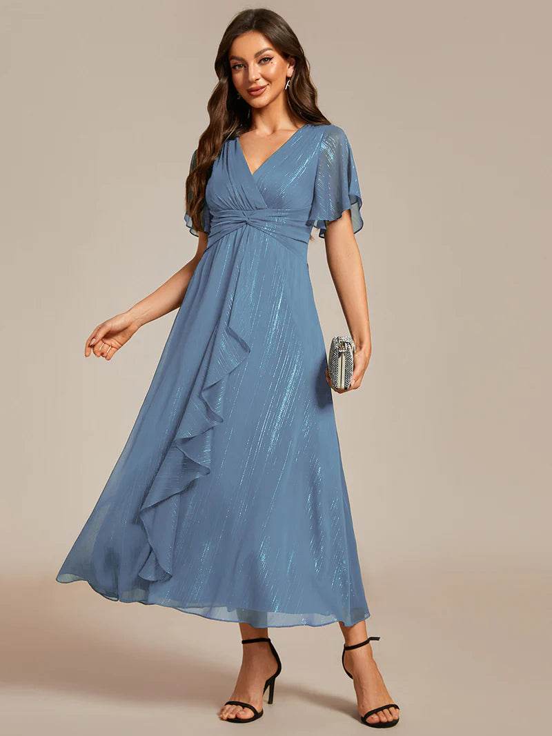 Elegant Shimmer V-Neck Tea-Length Dress with Short Sleeves – Perfect Wedding Guest Outfit - Biamonde